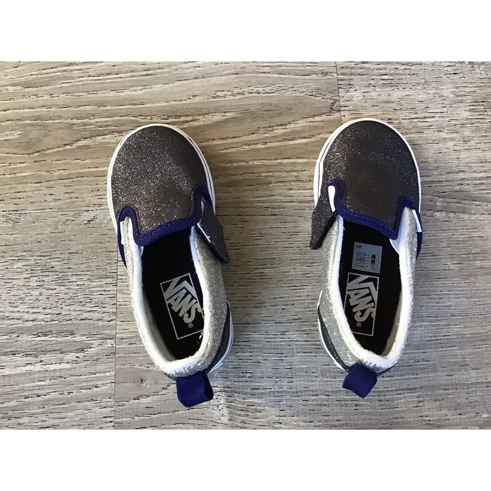 Vans Toddler Size 8.5 slip on Sneakers Glitter silver Blue Off The Wall Shoes